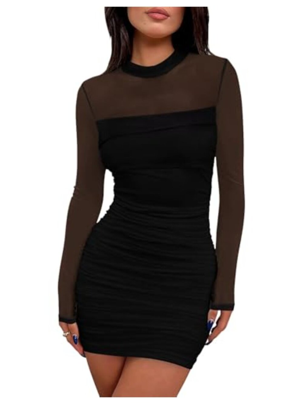Women's Mesh Sheer Sleeve Ruched Mini Bodycon Party Dress